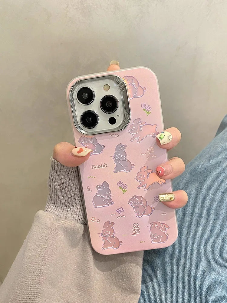 Cute Phone Cases For iPhone 11, 12, 13, 14, and 15 Pro Max - Hollowed Out Rabbit - Pink Laser Cover - TSP269