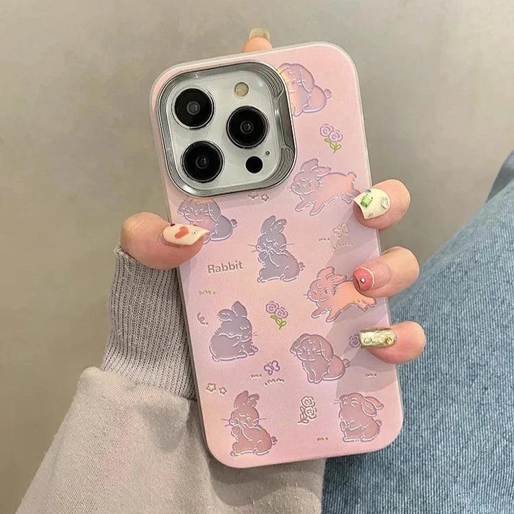 Cute Phone Cases For iPhone 11, 12, 13, 14, and 15 Pro Max - Hollowed Out Rabbit - Pink Laser Cover - TSP269