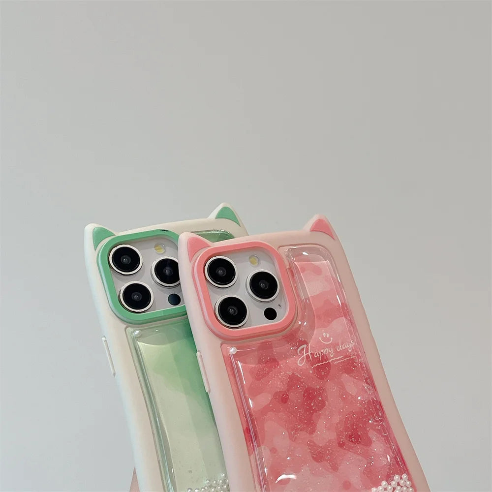 Cute Phone Cases: Gradient Pink Green Cat Ears Back Cover for iPhone 11-15 Pro Max - TSP290