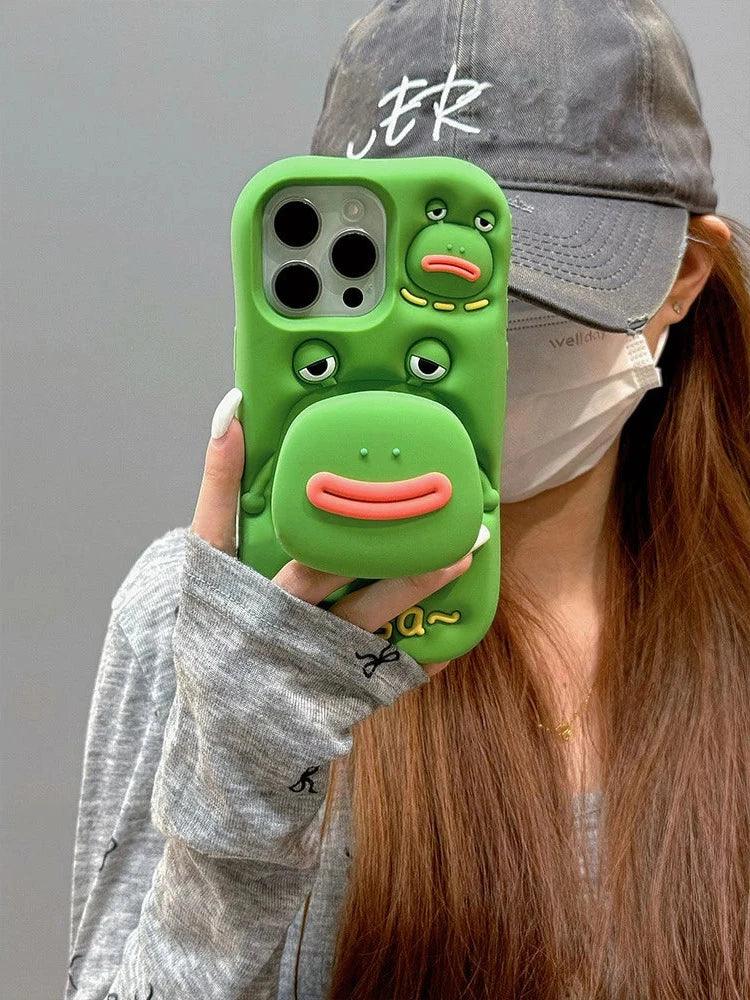 Cute Phone Cases For iPhone 11, 12, 13, 14, and 15 Pro Max - Funny 3D Big Mouth Frog - Hidden Holder - TSP273