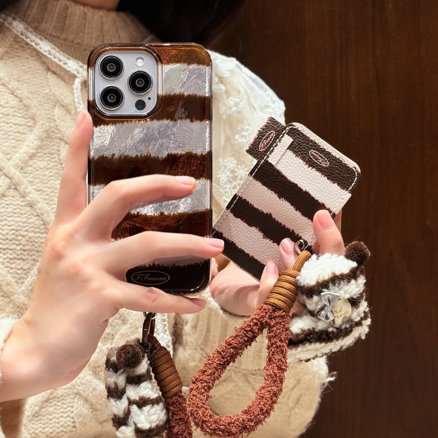 Cute Phone Cases For iPhone 16, 15, 14, 13 Pro Max - Creative Laser Brown Stripes with Fluffy Socks Wrist Band - PC6130