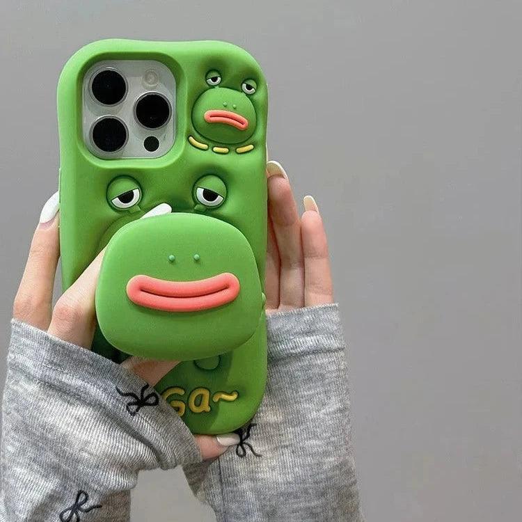 Cute Phone Cases For iPhone 11, 12, 13, 14, and 15 Pro Max - Funny 3D Big Mouth Frog - Hidden Holder - TSP273