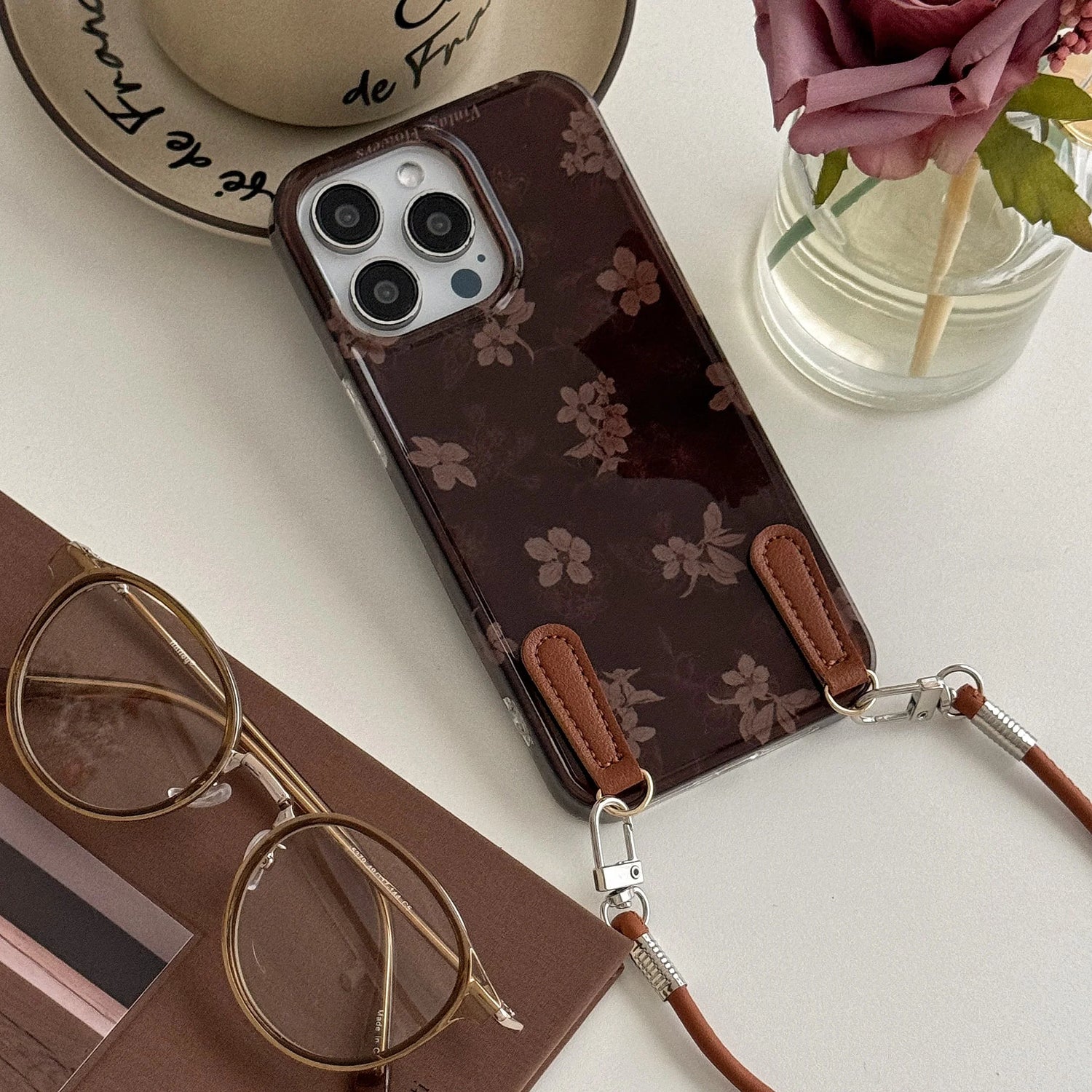 Cute Phone Cases for iPhone 16, 15, 14, 13 Pro Max - Leather Floral Prints With Leather Wrist Band - Chic Back Cover - PC2420