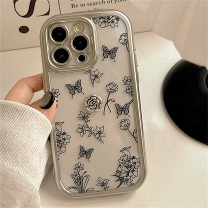 Cute Phone Cases: 3D Black Rose Flowers Silver Bumper Clear Back Cover for iPhone 11-15 Pro Max - TSP312-B