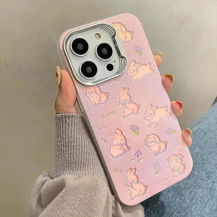 Cute Phone Cases For iPhone 11, 12, 13, 14, and 15 Pro Max - Hollowed Out Rabbit - Pink Laser Cover - TSP269