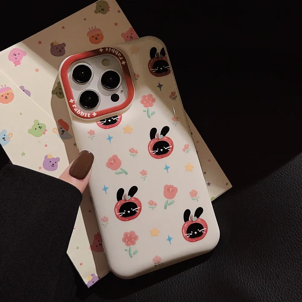 Cute Phone Cases For iPhone 16, 15, 14, 13, 12, 11 Pro Max, Xr, 16 Plus - Funny Tomato Black Rabbit Flowers Cover - IC6040