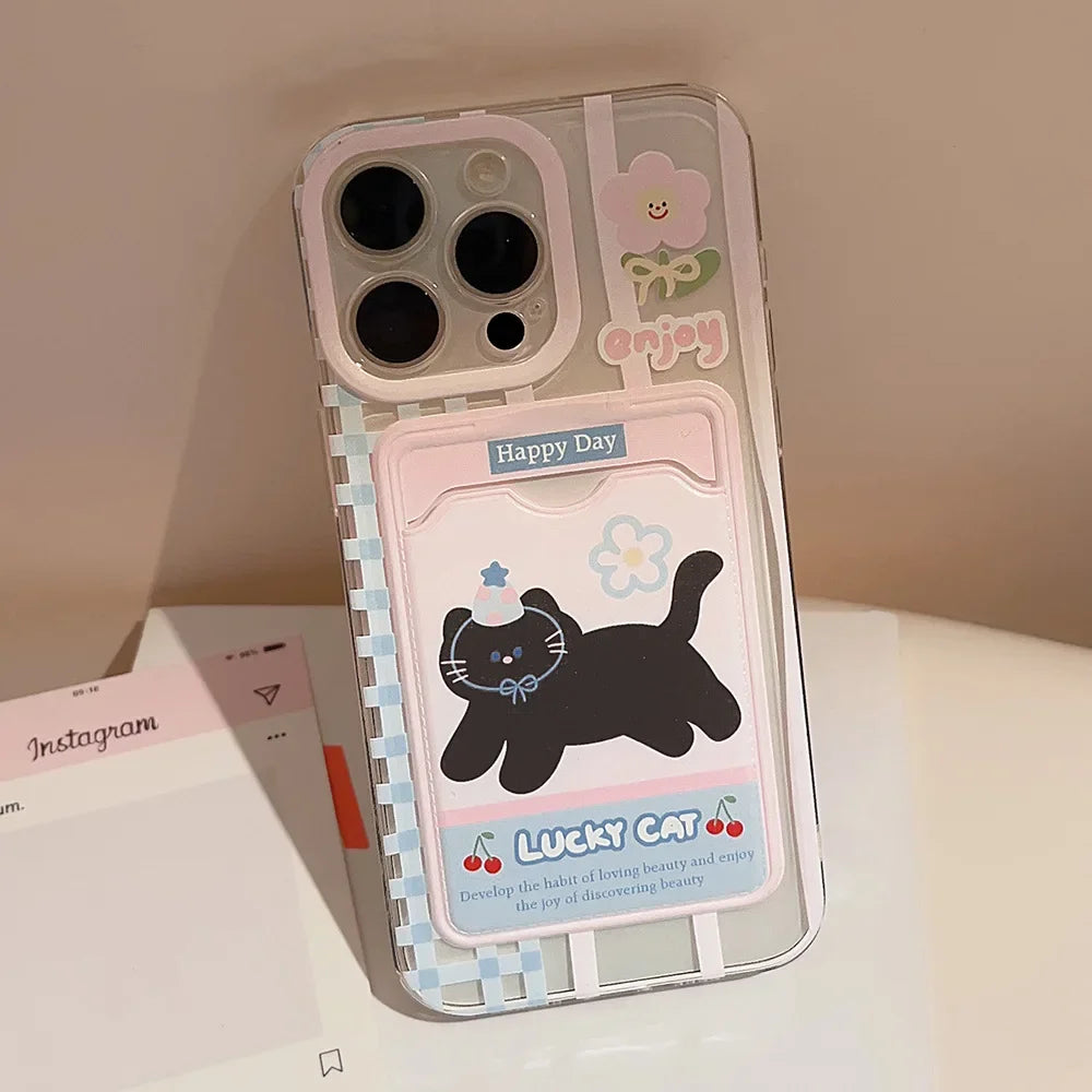 Cute Phone Cases For iPhone 16, 15, 14, 13, 12 Pro Max, Xr, 15 Plus - Cherry Party Black Cat Cartoon Cover - IC5190 - Touchy Style