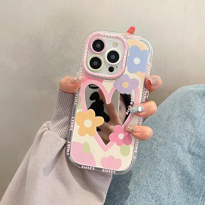 Cute Phone Cases for iPhone 14, 13, 12, 11, and 15 Pro Max - Sweet Flowers - Heart Mirror Cover - TSP55