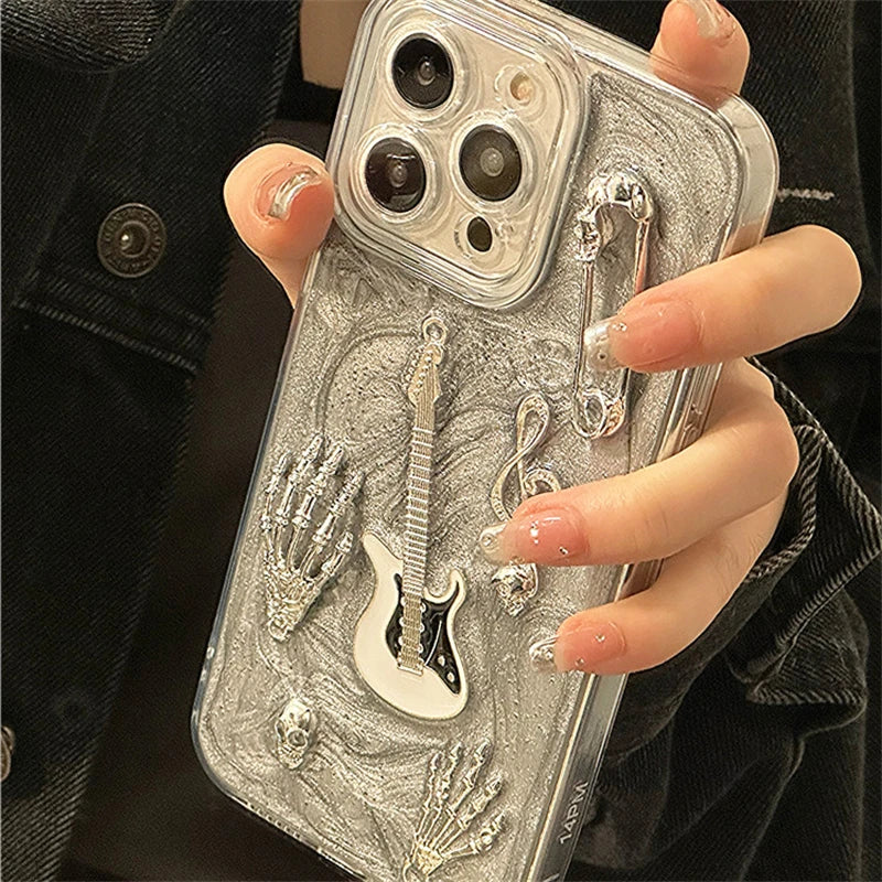 Cute Phone Cases for iPhone 15, 14, 13, and 12 Pro Max - Skull Guitar, Epoxy Back Cover - TSP461