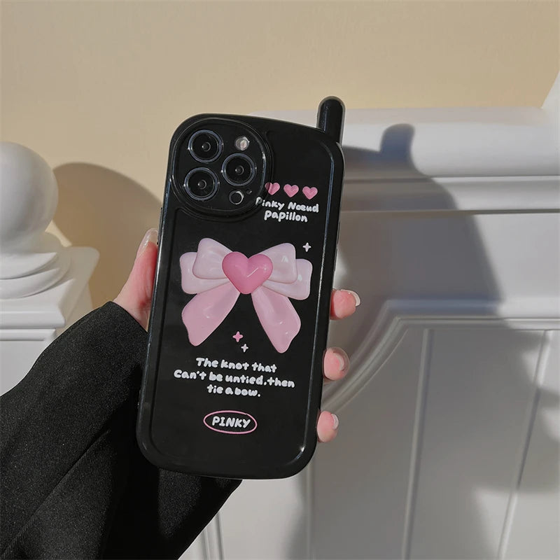 Cute Phone Cases for iPhone 14, 13, 12, 11 Pro Max, or 14 Plus - Black Cover with Pink Bow - TSP448