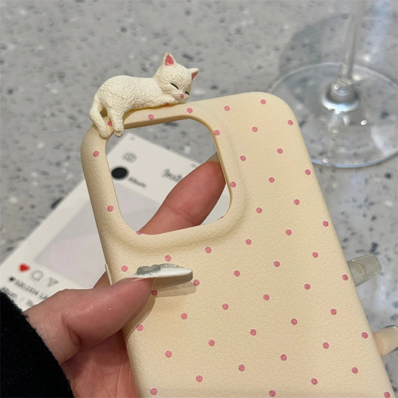 Cute Phone Cases for iPhone 16, 15, 14, 13, 12 Pro Max Plus - 3D Cat Polka Dot - TSP326