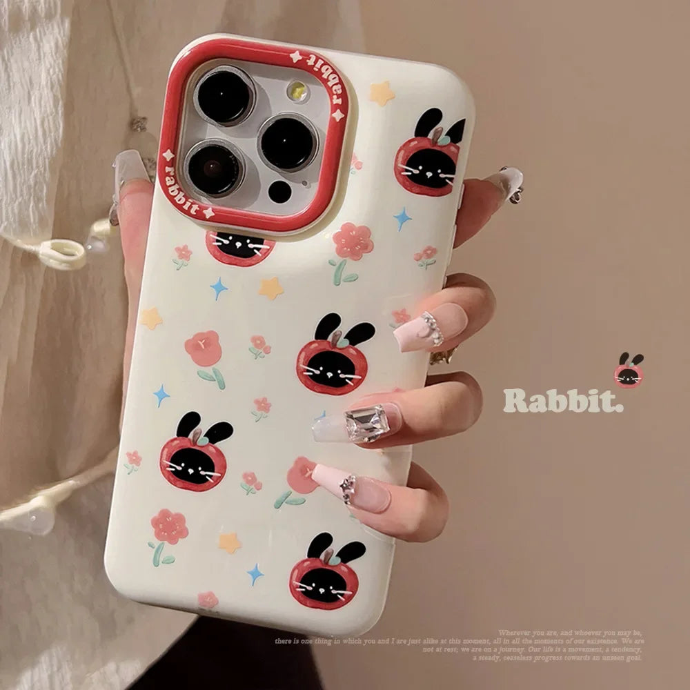 Cute Phone Cases For iPhone 16, 15, 14, 13, 12, 11 Pro Max, Xr, 16 Plus - Funny Tomato Black Rabbit Flowers Cover - IC6040 - Touchy Style