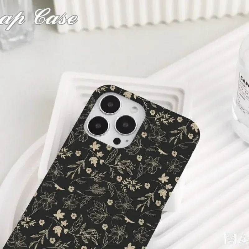 Cute Phone Cases For iPhone 16 Pro Max, 15, 14, 13, 12, or 11 Pro Plus - Black Pressed Flowers - TSP513