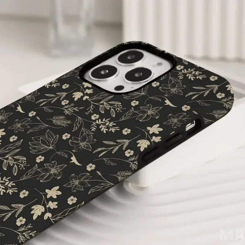 Cute Phone Cases For iPhone 16 Pro Max, 15, 14, 13, 12, or 11 Pro Plus - Black Pressed Flowers - TSP513