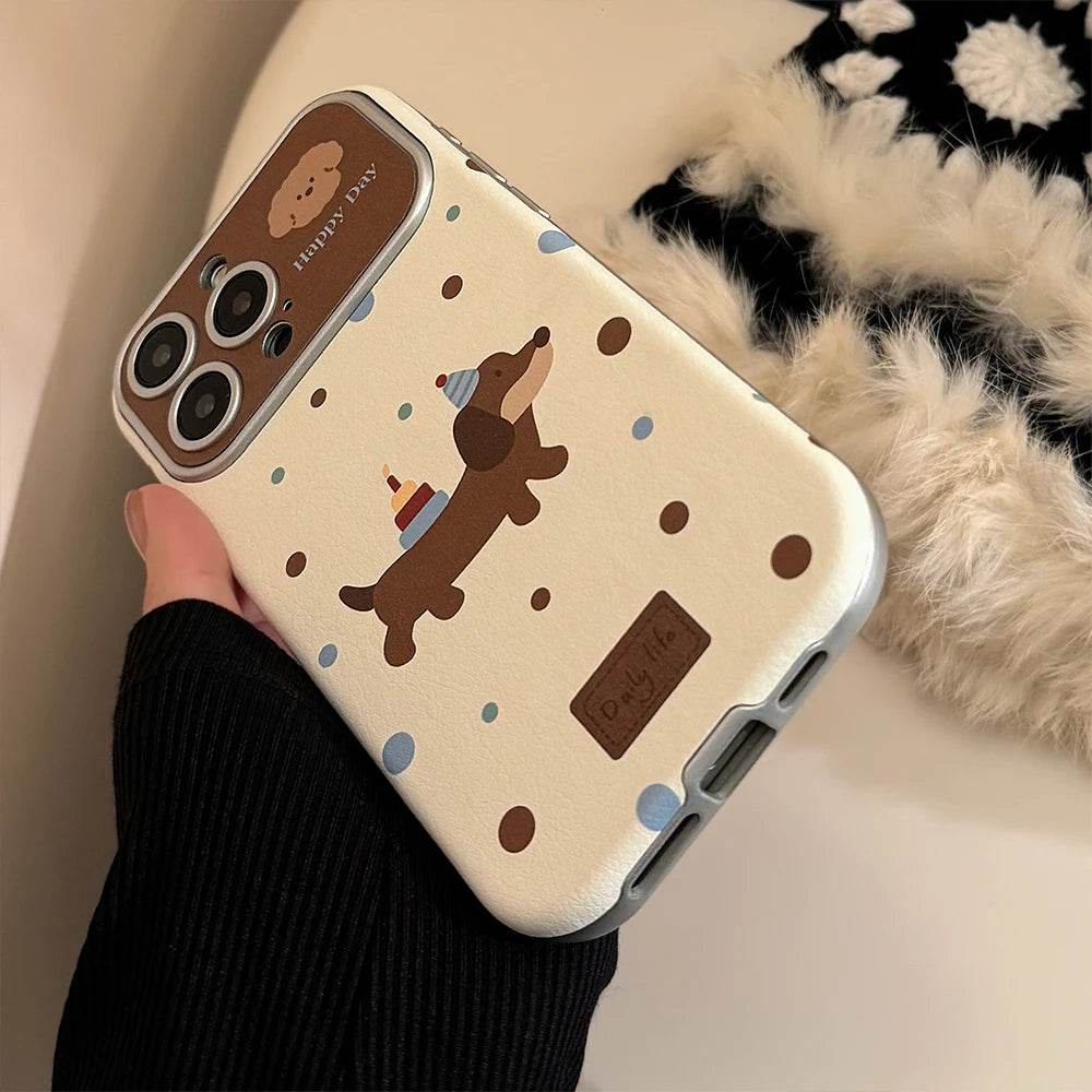 Cute Phone Cases For iPhone 16, 15, 14, 13 Pro Max - Leather Polka Dots Dog Back Cover with Wristchain - PC6411