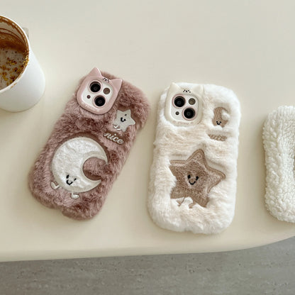 Cute Phone Cases For iPhone 16, 15, 14, 13 Pro Max - Cartoon Star &amp; Moon Fluffy Embroidery Cat Ear Lens Frame - PC9420