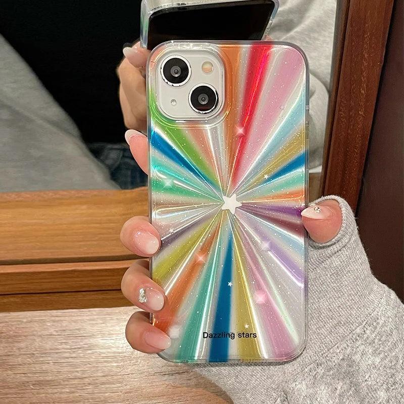 Cute Phone Cases For iPhone 15 Pro Max, 14, 13, 11, 12, or 15 Plus - Colorful Rainbow Stars - Glitter Cover - TSP278