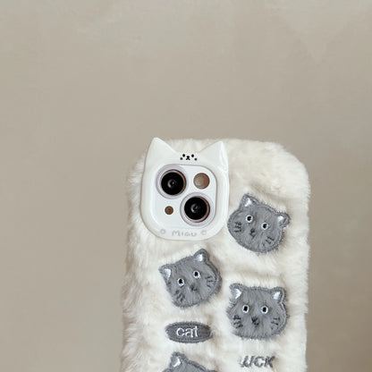 Cute Phone Cases For iPhone 16, 15, 14, 13 Pro Max - Grey &amp; White Fluffy Cat Pattern - Cat Ear Lens Frame - PC6430