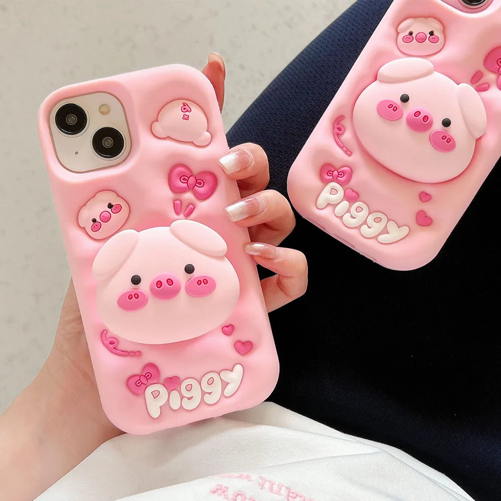 Cute Phone Cases for iPhone 15 Pro Max, 14, 13, 12, and 11 - Funny Pig Piggy, Telescopic Bracket - TSP284