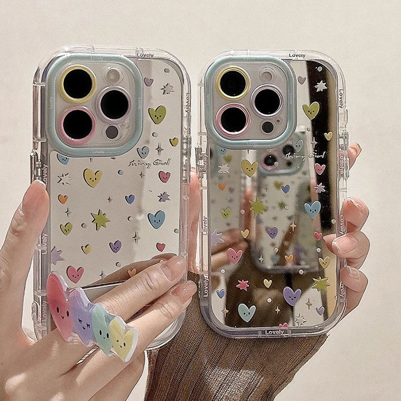 Cute Phone Cases - Stars &amp; Heart Mirror Hard Cover with Bracket for iPhone 15 Pro Max, 14, 13, 12, 11 - TSP295