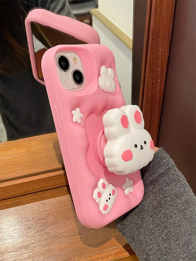 Cute Phone Cases - 3D Rabbit Folding Silicone Stand Cover for iPhone 15/14/13/12/11 Pro Max - TSP286