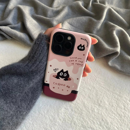 Cute Phone Cases For iPhone 16 15PRO MAX 14 13 12 11 PRO Plus 15pro - Cartoon Coffee Black Cat Pattern - Acrylic TPU Cover