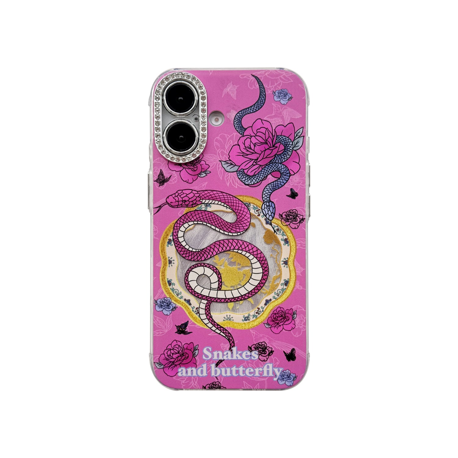 Cute Phone Cases For iPhone 16, 15, 14, 13 Pro Max - Rose Pink Snake &amp; Roses - Lens Protection Chic Back Cover - PC9140