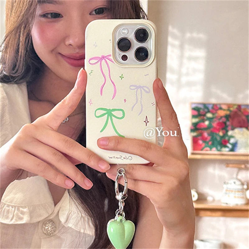 Cute Phone Cases for iPhone 15, 14, 13, 12, and 11 Pro Max - 3D Heart Pendant, Soft Bow Cover - TSP467