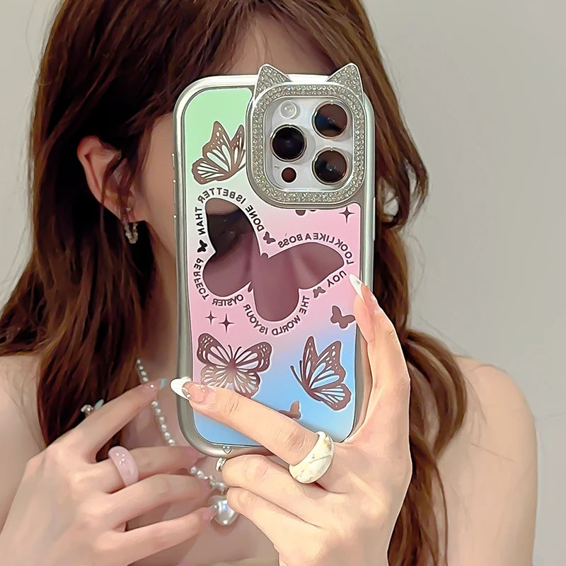 Cute Phone Cases: Lovely Butterfly Silver Mirror Back Cover with Cat Ears for iPhone 11-15 Pro Max - TSP288