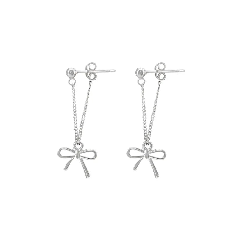 925 Sterling Silver Long Earring Charm Jewelry - Bowknot Hollow Out Chain - E1520