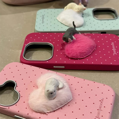 Cute Phone Cases for iPhone 16, 15, 14, 13, 12 Pro Max - 3D Cat with Fur Heart - TSP327