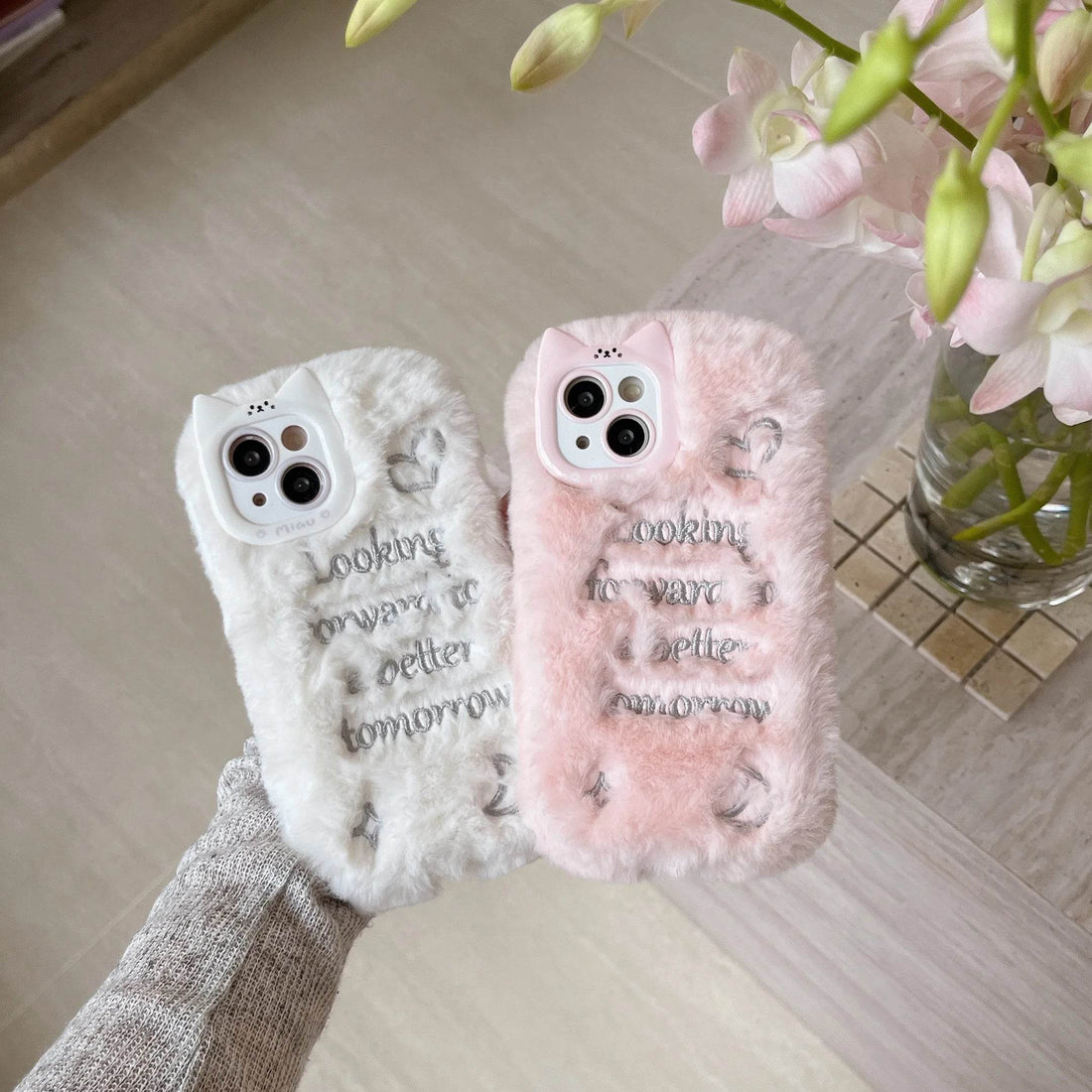 Cute Phone Cases For iPhone 16, 15, 14, 13 Pro Max - Pink &amp; White Fluffy with English Letter - Cat Ear Lens Frame - PC5330 - Touchy Style