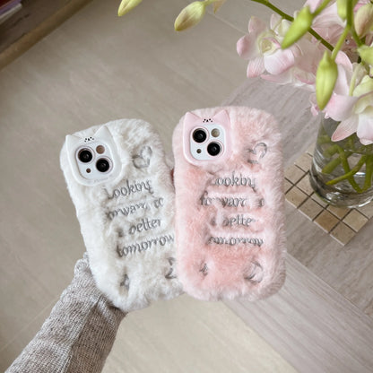 Cute Phone Cases For iPhone 16, 15, 14, 13 Pro Max - Pink &amp; White Fluffy with English Letter - Cat Ear Lens Frame - PC5330