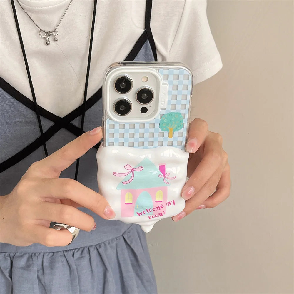 Cute Phone Cases for iPhone 15, 14, 13, and 12 Pro Max - 3D Melted Ice Cream 2-in-1 Blue Plaid House - TSP336