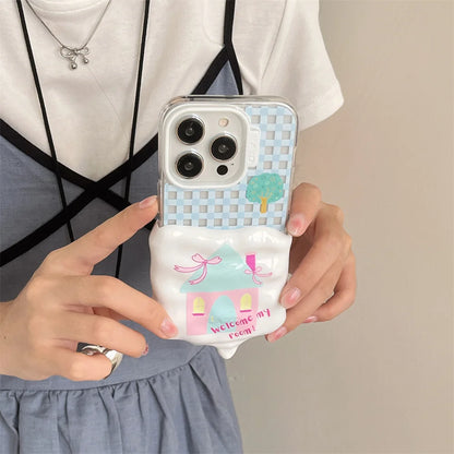 Cute Phone Cases for iPhone 15, 14, 13, and 12 Pro Max - 3D Melted Ice Cream 2-in-1 Blue Plaid House - TSP336