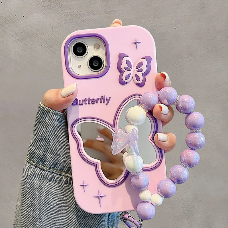 Cute Phone Cases For iPhone 11, 12, 13, 14, or 15 Pro Max - Purple Butterfly Makeup Mirror - Soft Cover - TSP254