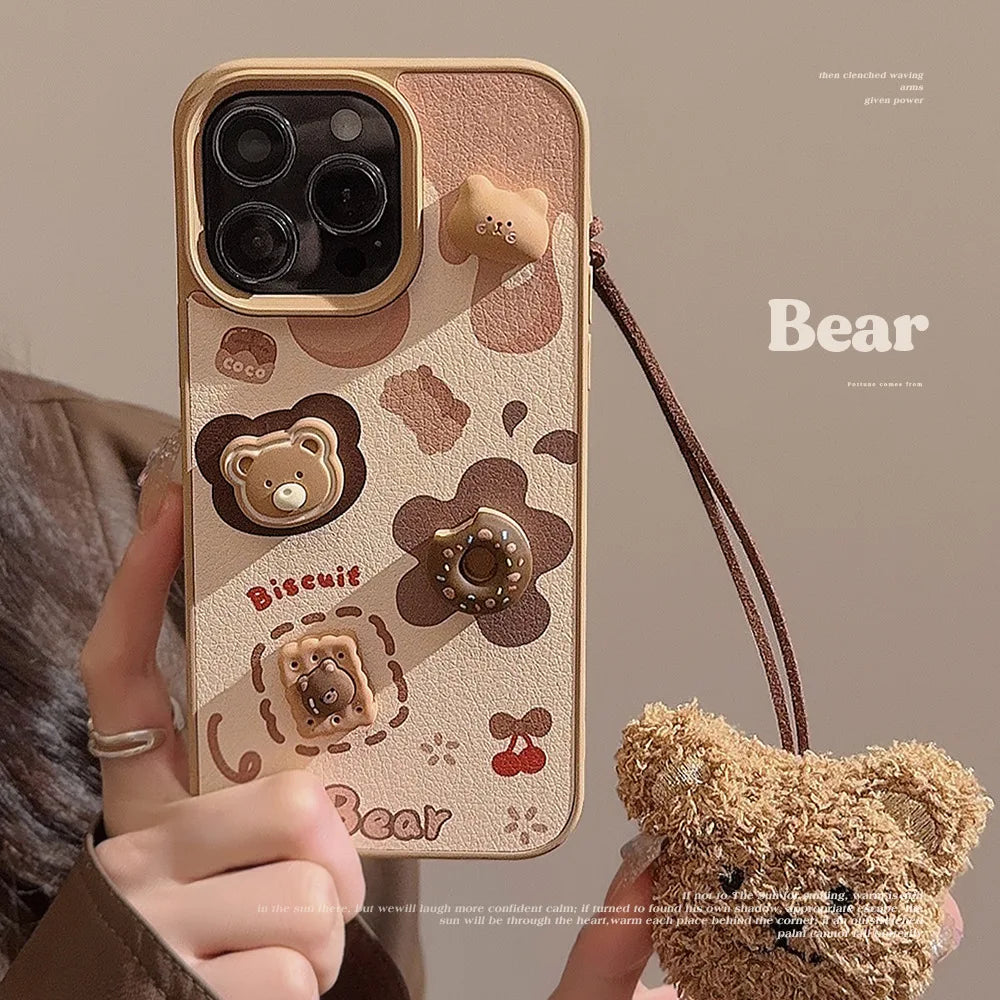 Cute Phone Cases For iPhone 16, 15, 14, 13, 12, 11 Pro Max - Chocolate, Bear, Biscuit, Doughnut Cover with Plush Doll Pendant - IC1150