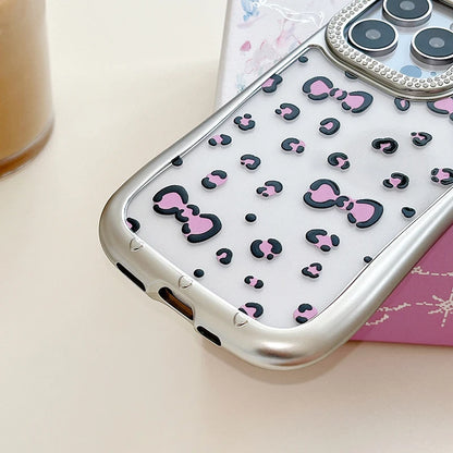 Cute Phone Cases: Leopard Bowknot Cat Ear Silver Case for iPhone 15/14/13/12 Pro Max - TSP313