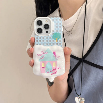 Cute Phone Cases for iPhone 15, 14, 13, and 12 Pro Max - 3D Melted Ice Cream 2-in-1 Blue Plaid House - TSP336