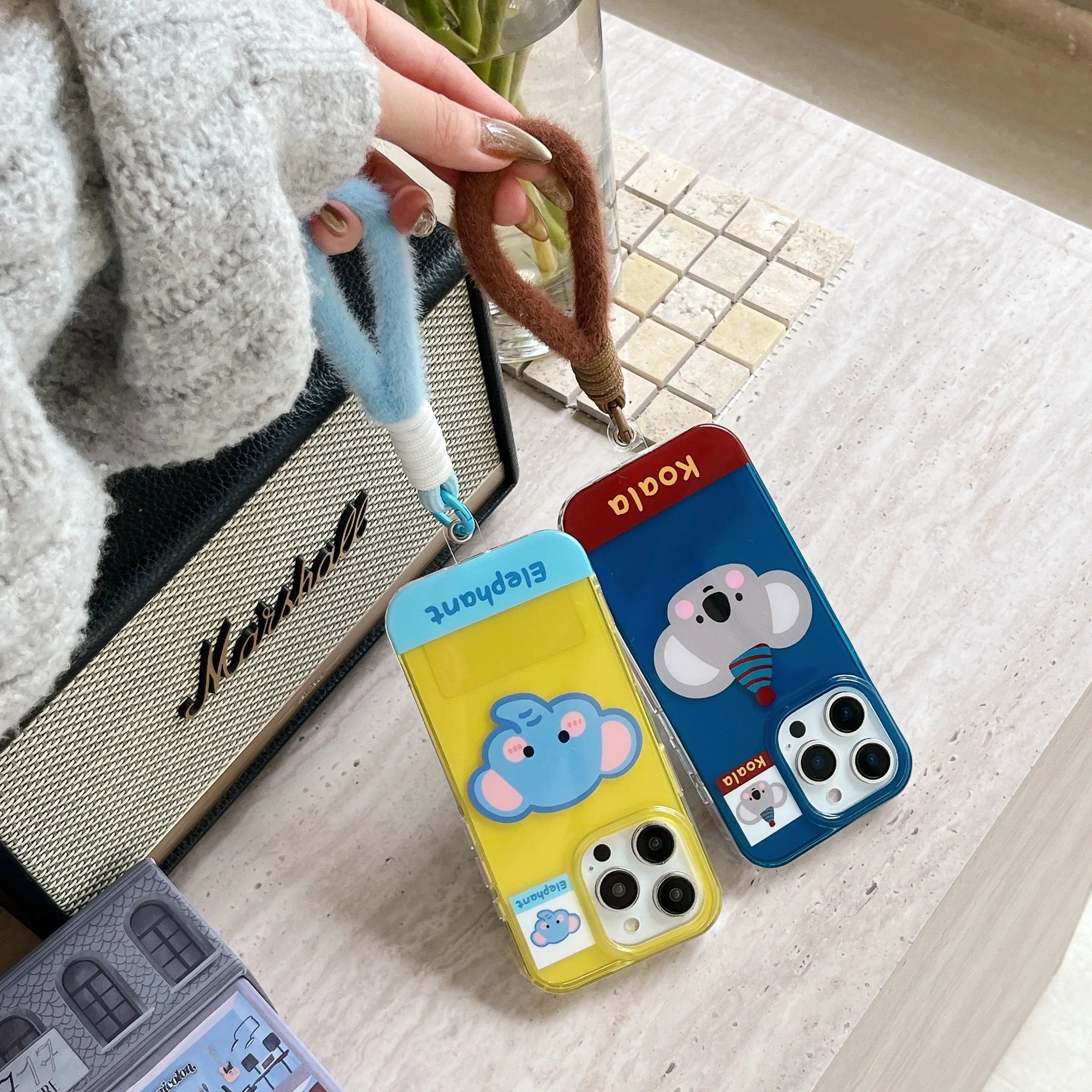 Cute Phone Cases For iPhone 16, 15, 14, 13 Pro Max - Cartoon Koala &amp; Elephant Pattern - Back Cover With Wrist Chain - PC0520