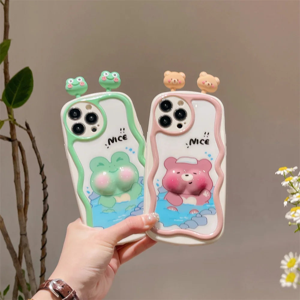 TSP88 Cute Phone Cases For iPhone 11, 12, 13, 14, 15 Pro Max - 3D Swimming Bear Frog Pattern - Wavy Cover