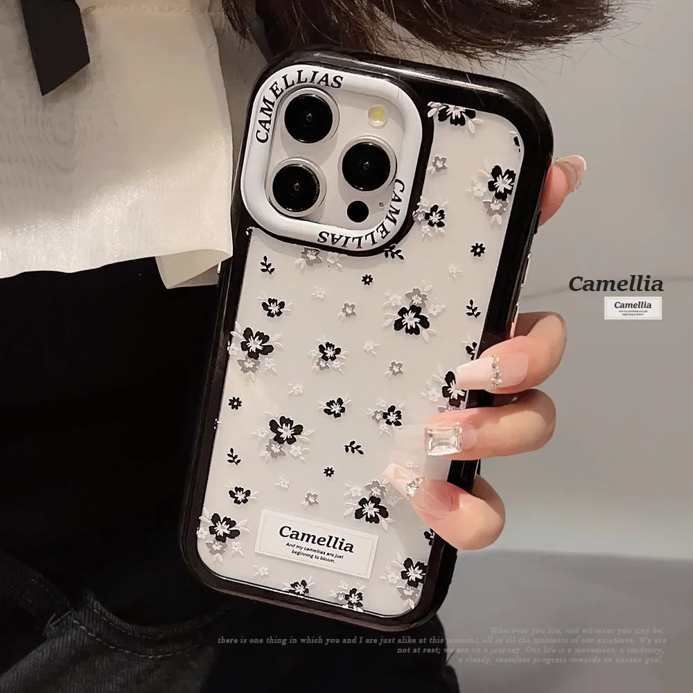 Cute Phone Cases For iPhone 16, 15, 14, 13, 12, 11 Pro Max, Xr, 15, 16 Plus - Black Camellia Flowers - Transparent Cover - IC3040