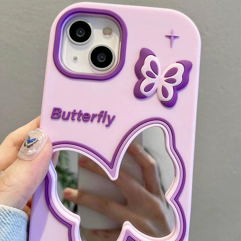 Cute Phone Cases For iPhone 11, 12, 13, 14, or 15 Pro Max - Purple Butterfly Makeup Mirror - Soft Cover - TSP254