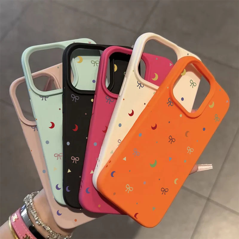 Cute Phone Cases For iPhone 11 12 13 14 15 16 Pro Max - Colorful Moon Bow Lichee Pattern - Silicone Cover - Touchy Style