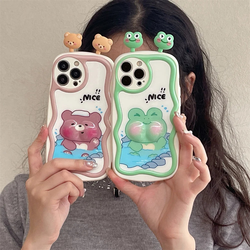 TSP88 Cute Phone Cases For iPhone 11, 12, 13, 14, 15 Pro Max - 3D Swimming Bear Frog Pattern - Wavy Cover