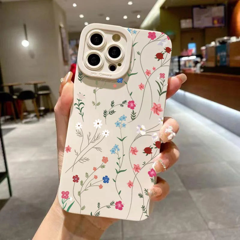 Cute Phone Cases - Flower Branch Pattern For iPhone 16 15 14 13 12 11 Pro Max XS XR 7 8 Plus - Matte Soft Silicone Bumper Cover