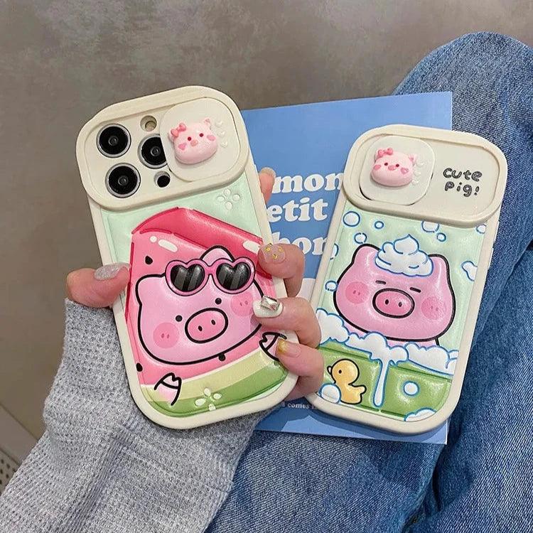 Cute Phone Cases: Cartoon Pig Lens Protector Case with Bracelet for iPhone 15/14/13/12 Pro Max - TSP314