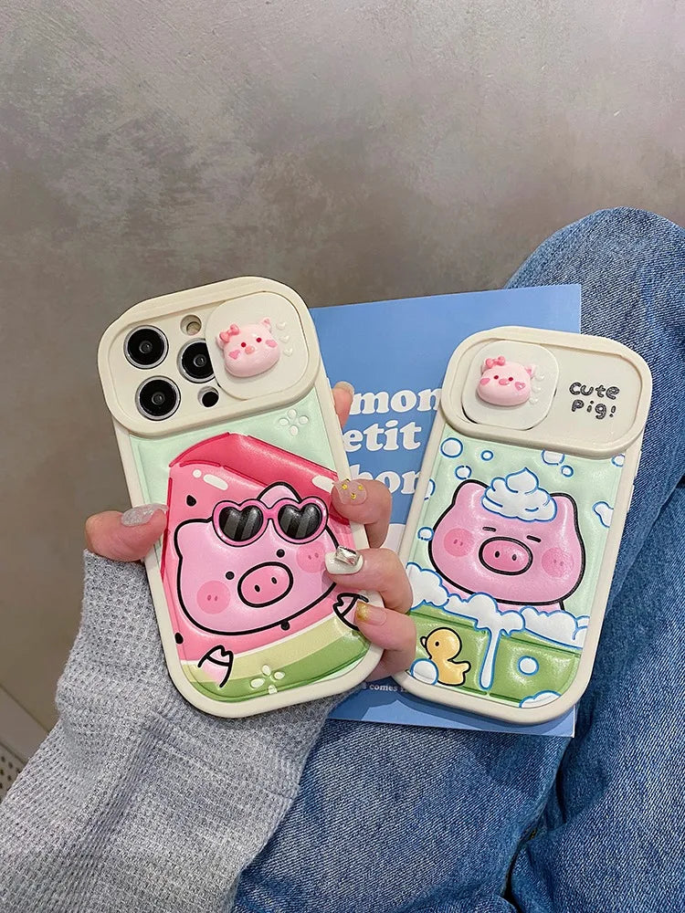 Cute Phone Cases: Cartoon Pig Lens Protector Case with Bracelet for iPhone 15/14/13/12 Pro Max - TSP314