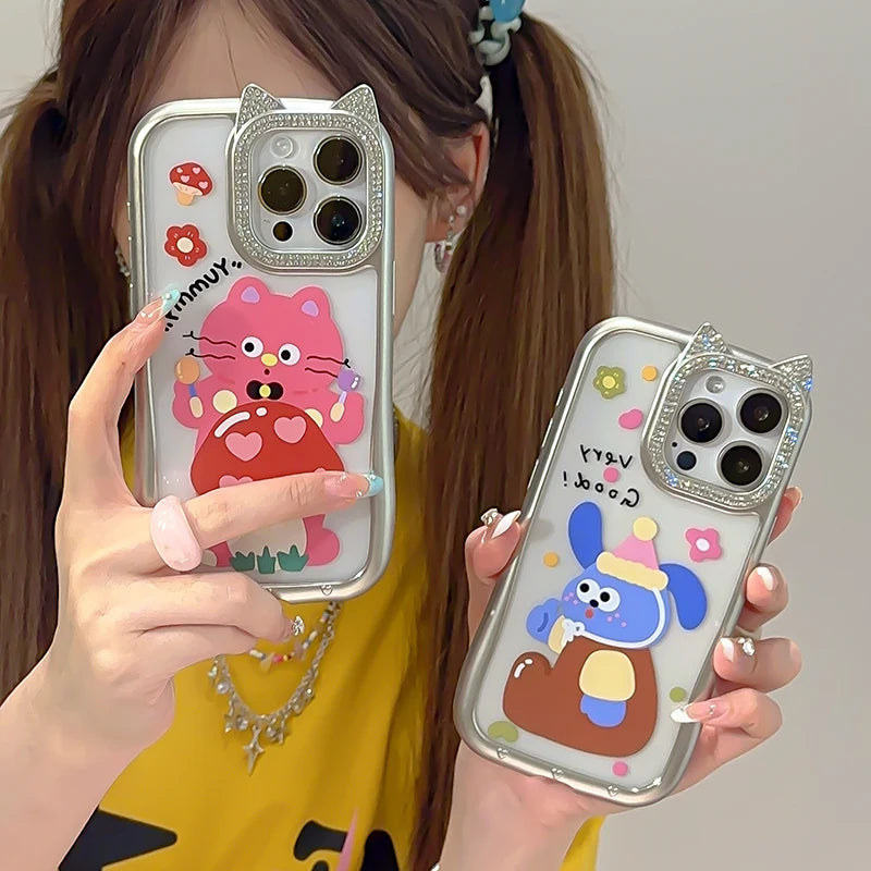 Cute Phone Cases - Funny Cat &amp; Puppy Bling Diamond Ears for iPhone 15-11 Pro Max - TSP298