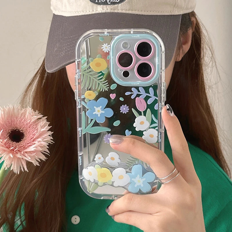 Cute Phone Cases - Floral Makeup Mirror with Stand for iPhone 15/14/13/12 Pro Max - TSP287